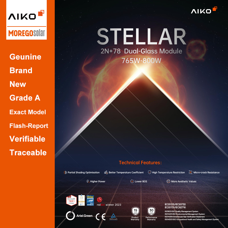 Aiko Paneles Solares ABC N-tipo STELLAR 2N+78 Módulo fotovoltaico de doble vidrio 800W 790W 785W 780W stock listo para BESS industrial