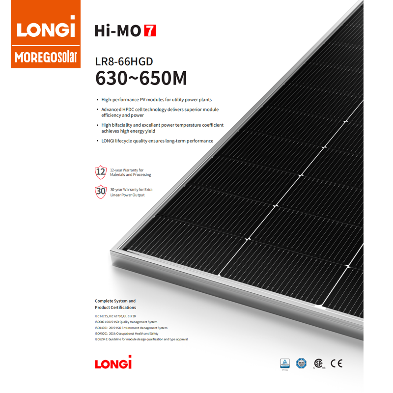 Longi Solar Hi-MO7 Bifacial Solar Panels 630W 635W 640W 645W 650W High-performance PV Modules for Utility Power Plant