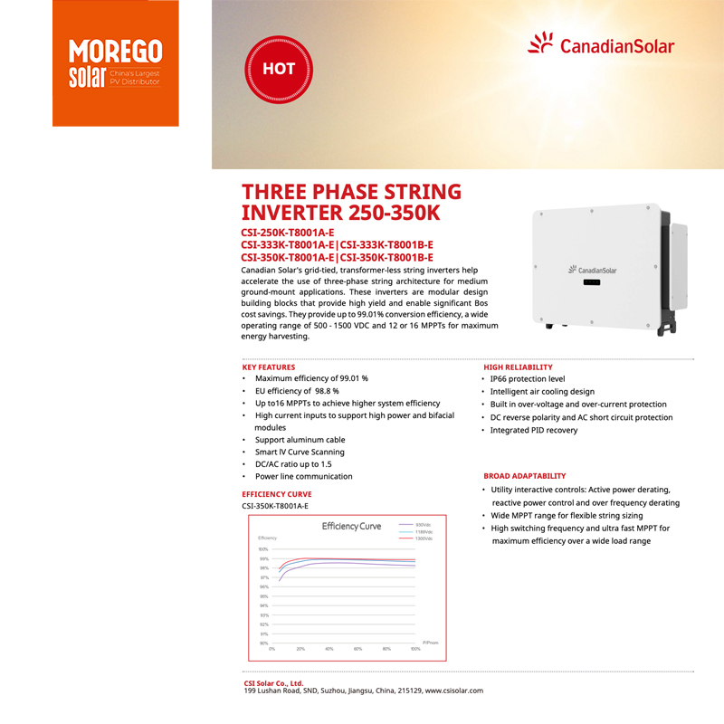 Canadian Solar Inversor 250KW 333kW 350kW 1500 VDC Inversores de string trifásicos sem transformador conectado à rede para projetos de energia fotovoltaica de serviços públicos