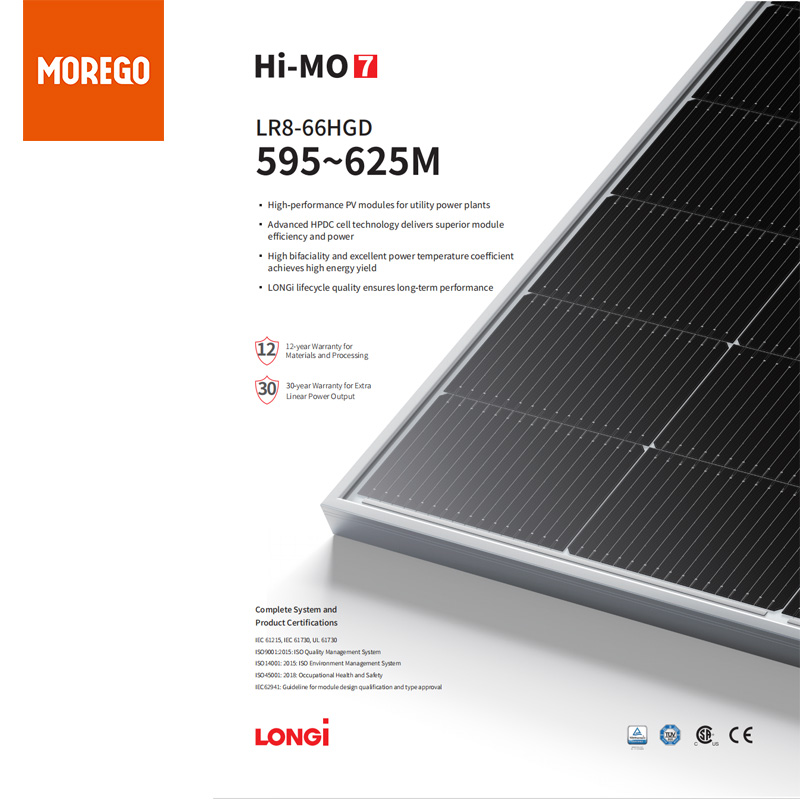 Longi Hi-MO 8 LR8-66HGD Bifacial Double Glass Solar Panel 600W 605W 610W 615W 620W 625W