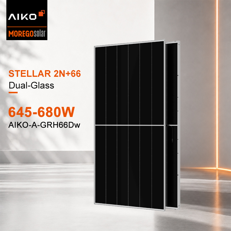 Aiko Solar ABC N-Typ Stellar 2N+66 Doppelglas 680 W 675 W 670 W 665 W 660 W 650 W Bifaziales PV-Modul Anti-Mikroriss