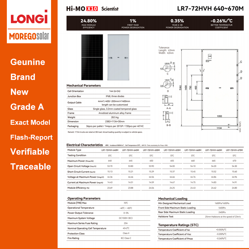 Longi HiMO X10 HPBC 2.0 670W 665W 660W 655W 650W 645W 640W Panneaux Solaires Modules PV à plus haut rendement