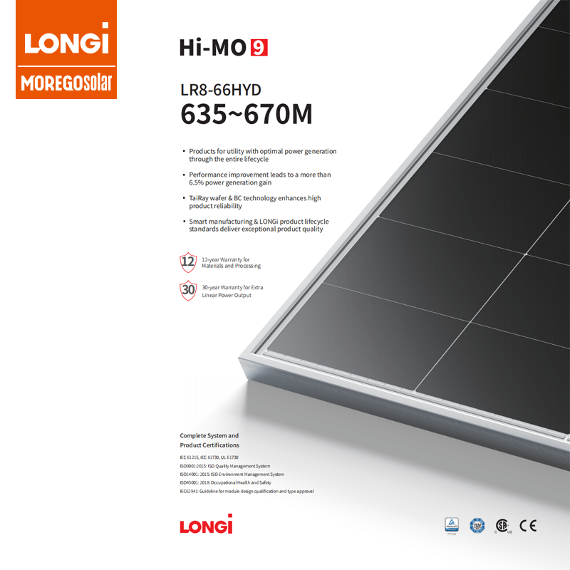 Longi Hi-MO9 LR8-66HYD Bifacial 670W 665W 660W 655W 650W 645W 640W Double Glass Solar Panel 