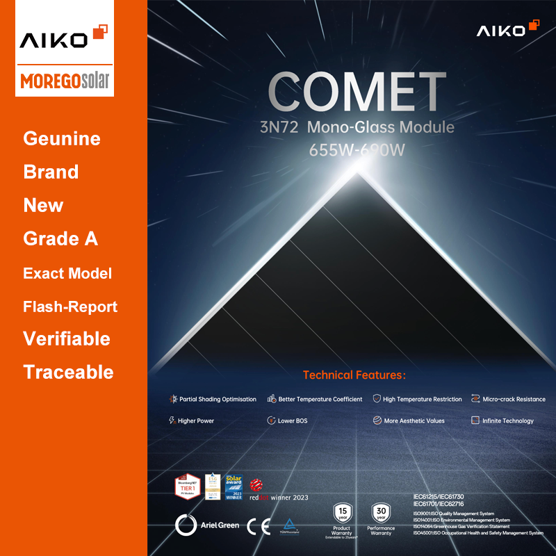 Aiko High-power ABC N-type Mono-glass Solar Module 660W 665W 670W 675W 680W Designed for Commercial Rooftop Projects