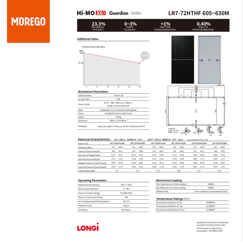 Longi HiMO X6 MAX Anti-dust PV Module Solar Panel 630W 625W 620W 620W 615W 610W 605W 600W