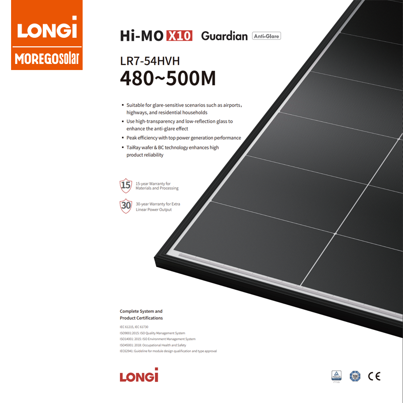 Longi Hi-MO X10 Guardian Anti Glare PV Module LR7-54HVH 500W 490W 485W 480W Solar Panels